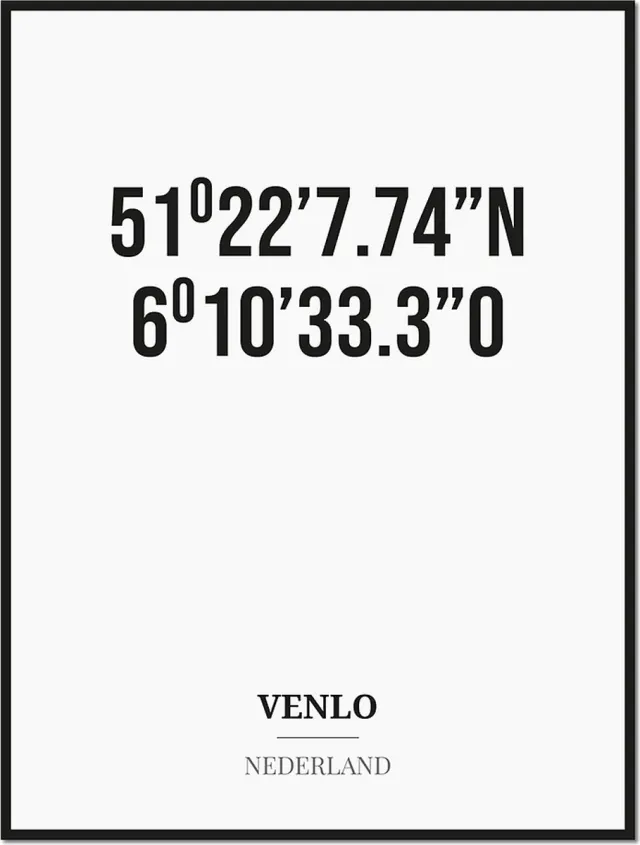 Studio216 Poster/kaart VENLO met coördinaten zwart, wit