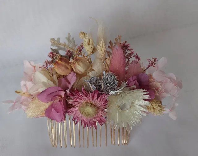 Bloemen en Decoratie 4U Modern en romantische bruidshaarkam, boho haaraccessoire met gedroogde en gestabiliseerde natuurlijke bloemen, voor boho bruiloft en feestelijke gelegenheid/ bruidsspeld wit, roze, lila roze, beige, licht grijs