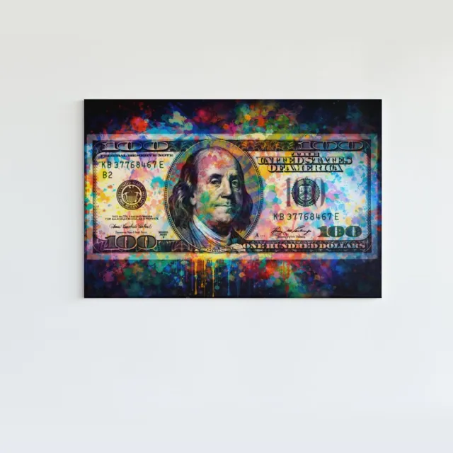 Trendex Global Canvas Schilderij - Pop Art - 100 Dollar - Geld Design - Kleurrijke Wanddecoratie - 150x100 cm