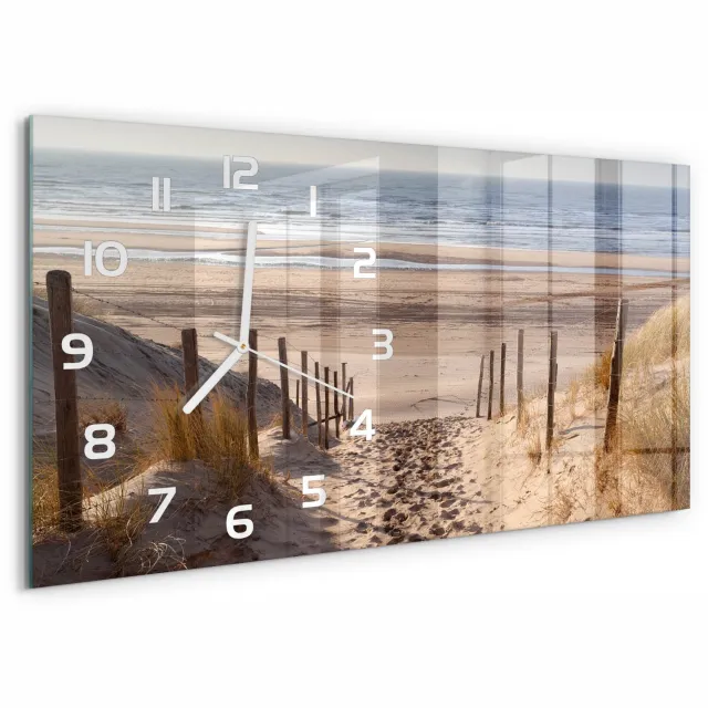 TULUP Wandklok - Kustduinen Wandklok Glas Met Motief - 60x30 cm - Beige Decoratieve Glazen Klok - Witte handen - Rechthoekige Klok - Gekleurde Glazen Klok - Glazen Klok Met Print