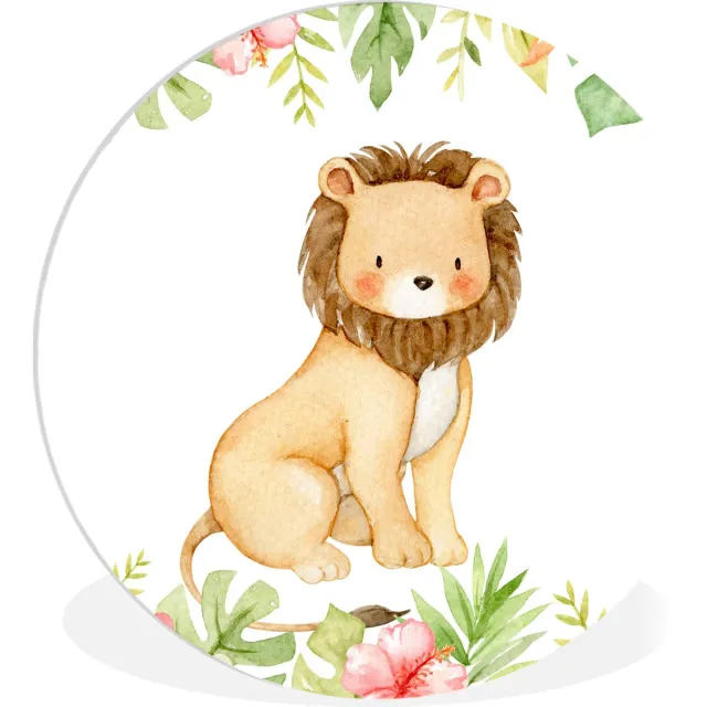 WallCircle Wandcirkel 90x90 - Leeuw - Safari - Jungle - Ronde schilderijen woonkamer - Wandbord rond - Muurdecoratie cirkel - Kamer decoratie binnen - Wanddecoratie muurcirkel - Woonaccessoires Multicolor