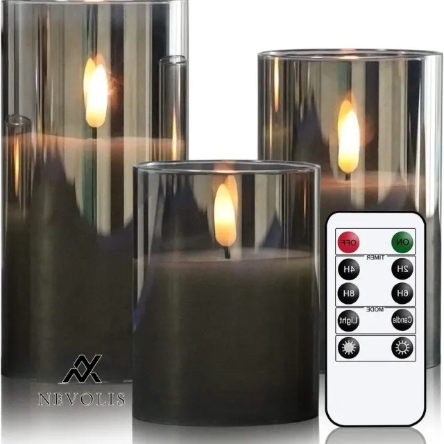 Nevolis Grey Glass Flameless Flickering Candles with Remote Control Moving Wick Battery Operated Warm Light Candle LED with Timer Set of 3 - Eldnacele - Thickness 7.5 cm x Height 10/12/15 cm . multi-color