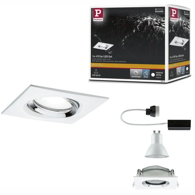 Paulmann LED-inbouwlamp Nova Plus Enkele lamp zwenkbaar IP65 hoekig 93x93 mm 30° GU10 6W 470lm 230V dimbaar 4000K Wit mat, Chroom
