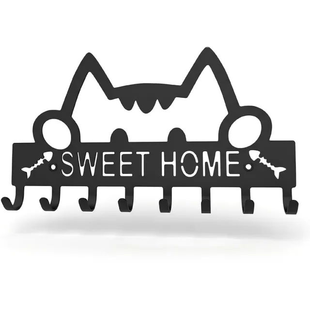 Unyqoos Wandorganizer met kattenontwerp en 8 haken voor sleutels en accessoires Grote zwarte kat
