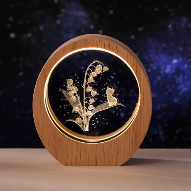 Namajunas kristal 3D gegraveerde nachtlampje met houten ronde lijst - zacht warm LED licht - gegraveerd met lelietjes-van-dalen en een kat - USB voeding - romantisch tafelornament, cadeau voor verjaardag, sfeerverlichting voor slaapkamer Bruin