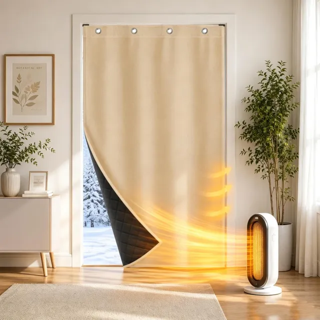 Famanu Gevoerd thermisch deurgordijn voor koudebescherming, 100 x 210 cm, duurzaam polyesterweefsel, perfect voor het verminderen van tocht en luchtuitwisseling Beige