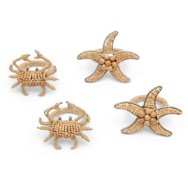 Riviera Maison Servetringen krab, zeester Oranje - Sealife Tafelring set van 4 - ijzer, Jute, Kralen