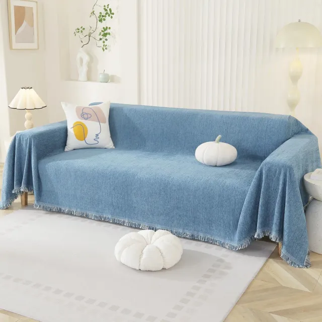 Ibenzoa Luxueuze Boho Chenille Bankhoes voor 2-3-4-Zits L-Vormige Banken met Kwastjes in Saffierblauw, 180 x 340 cm