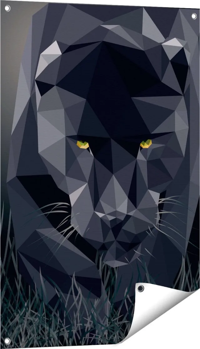 Gards Tuinposter Zwarte Panter van Origami - Abstract - 60x90 cm - Tuindoek - Tuindecoratie - Wanddecoratie buiten - Tuinschilderij Multikleur