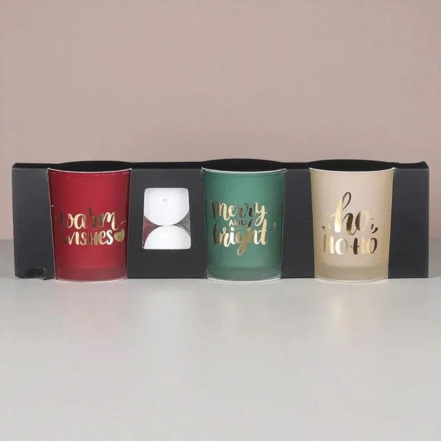 House of Seasons Theelichthouder - Set van 3 - H8 x Ø7 cm - Rood, Groen, Off White Rood, Groen, Wit