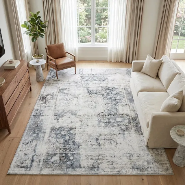 Tapiso Venezia Vloerkleed Woonkamer Laagpolig Blauw Grijs Ornament Abstract Antislip Tapijt Slaapkamer Eetkamer Gang Oeko-Tex 140x200