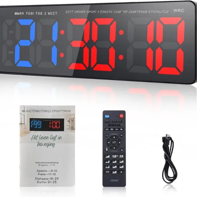 Manoive Fitness Training Gym Timer - Grote Digitale LED Wandklok 16.5 Inch - Interval Timer Met Countdown En Stopwatch - Sport Timer Voor Thuis En Garage ZWART
