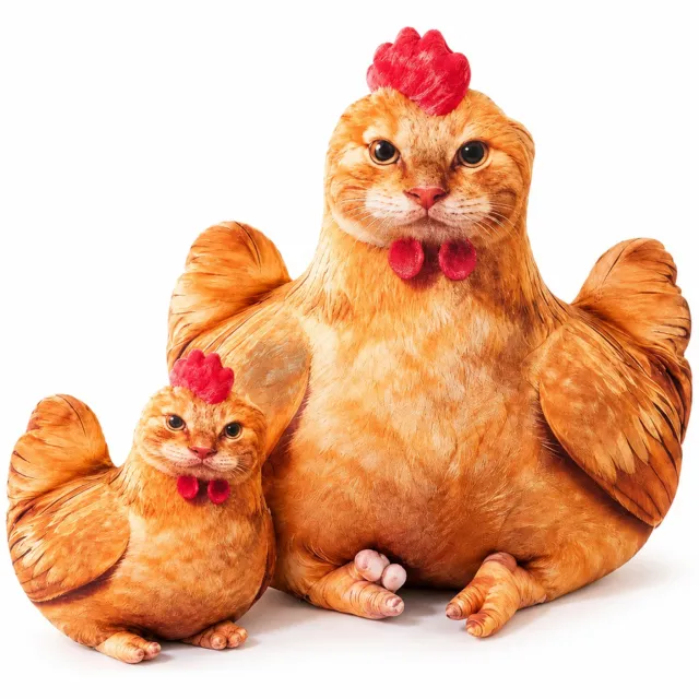 SWGOTA Pluchen knuffelkussen 45 cm met kattengezicht en kippenvorm - Superzacht kortpolig pluche - Sierkussen voor de bank Oranje