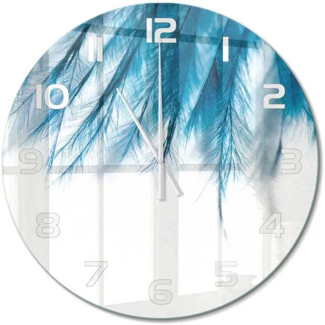 TULUP Wandklok - Blauwe veren Gekleurde Glazen Klok - fi60 cm - Blauw Glazen Klok Met Print - Witte handen - Ronde Klok - Moderne Wandklok Glas - Wandklok Glas Decoratie