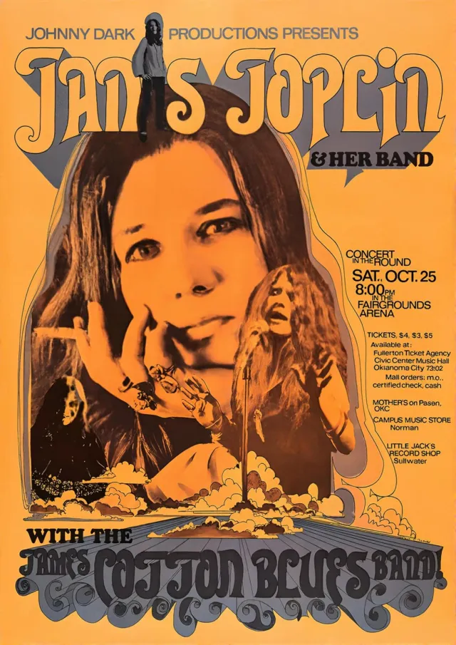 superdoughhook.com Affiche Poster van de legendarische Janis Joplin, aankondiging concert in Oklahoma op zaterdag 25 oktober 1969. geel, rood, oranje, zwart