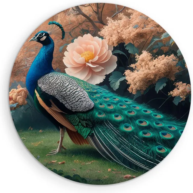 Saammp Muurcirkel Hout - Pauw met Lotusbloem - Dieren - Natuur - Ø 30 - Wandcirkel - Wanddecoratie Cirkel - muurdecoratie Woonkamer - Slaapkamer decoratie - Rond Schilderij