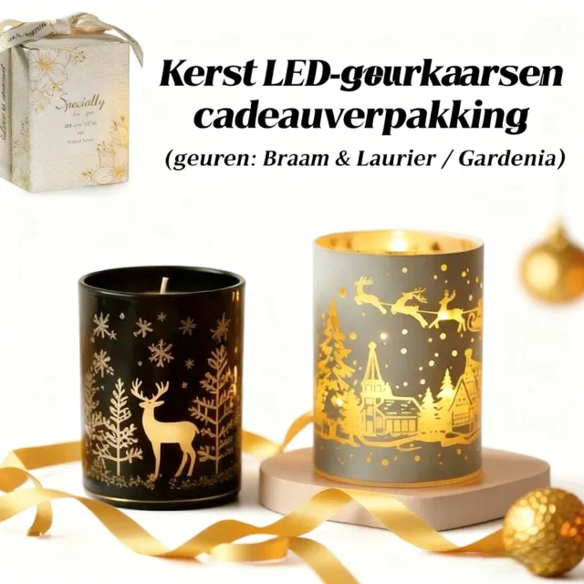 CNLSight LED kaarsen Set van 2 – Geurkaarsen in Dubbelwandig Glas met LED Verlichting en 3D Lasergravure – Luxe Geurkaars Cadeauset – Kerstcadeau met Bramen & Laurier en Gardenia zwart & Wit