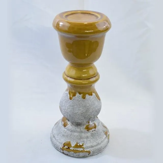 ZoeZo Design Kandelaar - kaarshouder - robuust - vintage - bruin - oker - aardewerk H33 x Ø 16 cm