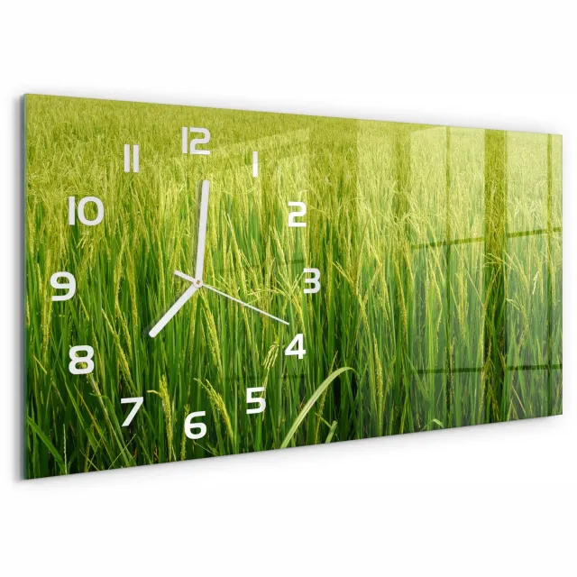TULUP Wandklok - Rijstveld Decoratieve Glazen Klok - 60x30 cm - Groente Glazen Wandklok Design - Witte handen - Rechthoekige Klok - Glazen Klok Met Print - Wandklok Glas Met Motief