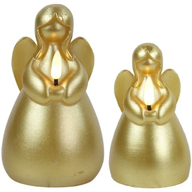 Countryfield Engel LED kaarsen - goud - 2x st - H11,5 en H14,5 cm - wax kaarsen op batterijen - kerst Goudkleurig