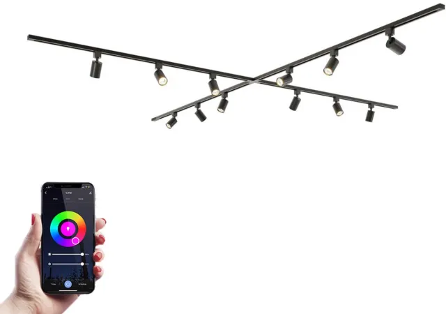 HOFTRONIC railverlichting pakket X-vorm – 4x 1,5 meter rail – 12 dimbare RGBWW GU10 railspots – modulair – aluminium zwart – IP20 – 230V – smart track lights woonkamer keuken