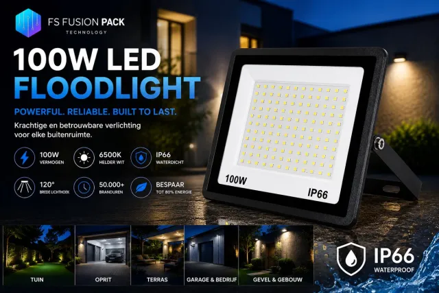 FS Fusion Pack Krachtige Floodlight 100W Waterdichte LED Schijnwerper voor Tuin en Terras-FS Fusion Pack-Terrasverlichting-Tuinverlichting-Anti-roest 2026-Buitenverlichting-Garageverlichting-6500K-Outdoor 100W LED Floodlight 100 Watt LED Flood Light Waterdicht IP66 zwart