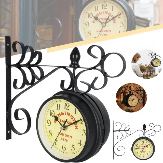Buyya Tweezijdige Vintage Wandklok, Wandklokken Voor Treinstations, Buitenwandklok, Stil Kwarts Uurwerk, Vintage Deco. Zwart