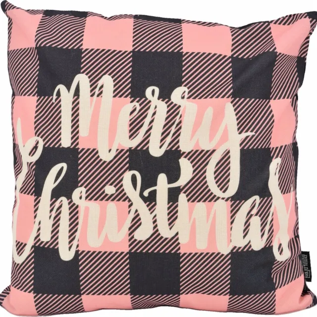 Gek op Kussens! Kerst 'Merry Christmas - Pink #1' Kussenhoes | Katoen/Linnen | 45 x 45 cm Roze/Zwart