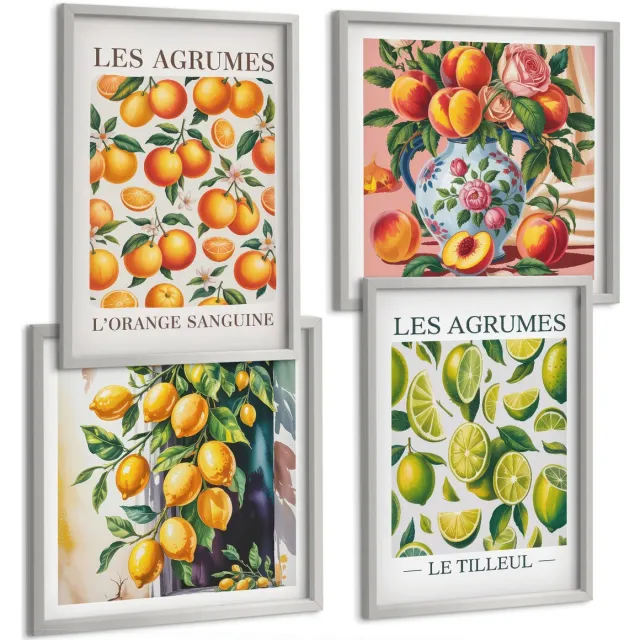Coloray 4-Delige Schilderij Set - Citrusvruchten In Diverse Kleurrijke En Verse Varianten - 40 x 40 cm En 40 x 60 cm - Stijlvolle Wanddecoratie - Interieur Zilveren lijst