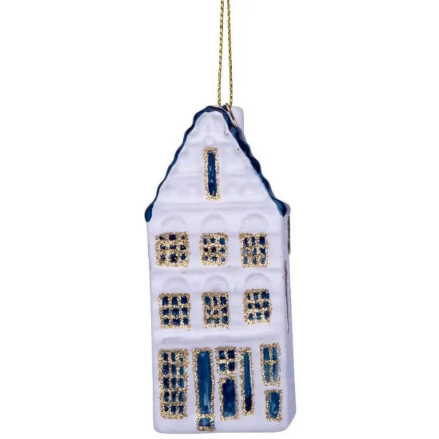 Vondels kerstornament glas wit/blauw grachtenhuis trapgevel H9cm