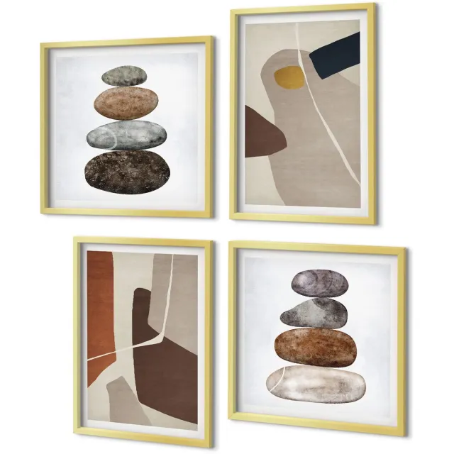 Coloray 4-Delige Schilderij Set - Abstracte boho-schildervormen in moderne stijl - 40 x 40 cm en 40 x 60 cm - Moderne Wanddecoratie - Slaapkamer - Decoratieve Schilderijen Gouden lijst