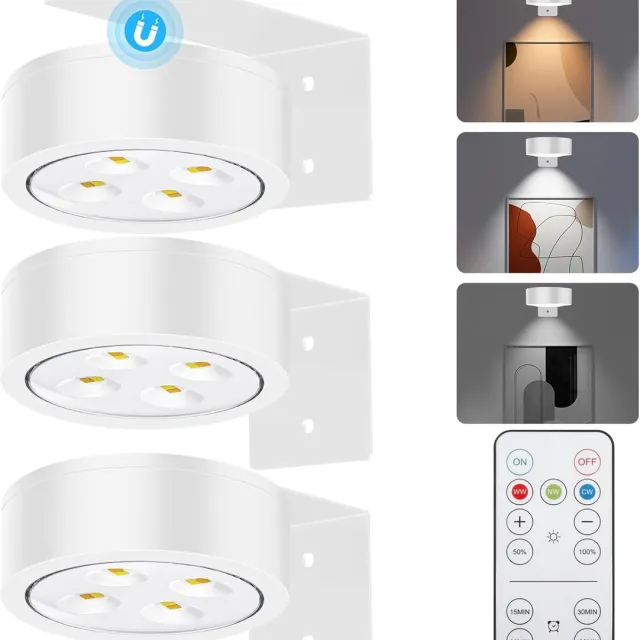 KZQ 3-pack USB-oplaadbare magnetische schilderijlamp voor muur met 3 lichtmodi - LED kunstverlichting - Dimbare afstandsbediening met timer - Wit