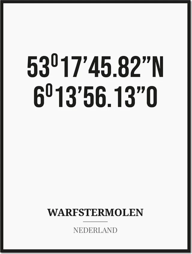 Studio216 Poster/kaart WARFSTERMOLEN met coördinaten zwart, wit
