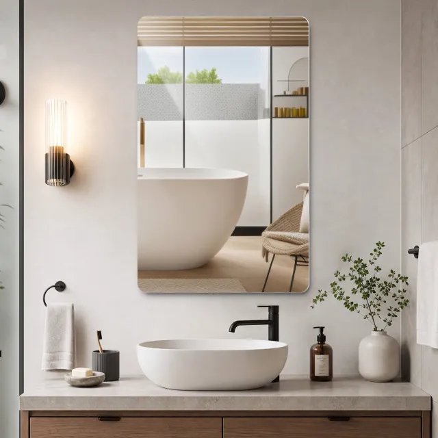 Wishdor Badkamerspiegel zonder lijst - Afgeronde hoeken en 5 mm zilverspiegel - Veiligheidsfolie en liggend of staand ophangen - Moderne wandspiegel voor badkamer - Glas - Zilver - 90 x 70 cm