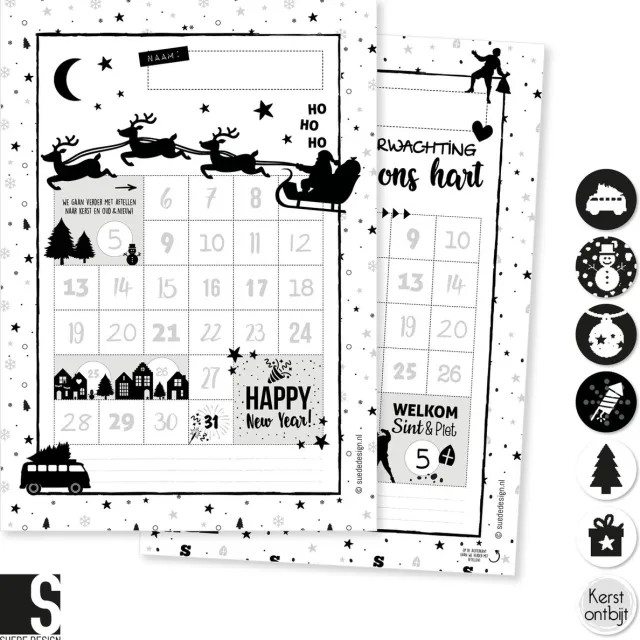 Suede design Feestdagen aftelposter | Sinterklaas, Kerst en Oud & Nieuw | Suede design aftelkalender A4 Zwart