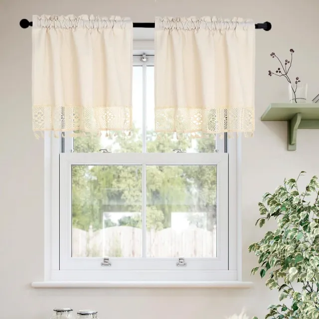 Ibenzoa Bohemian Stijl Korte Gordijnen met Kwastjes voor Keuken en Badkamer beige