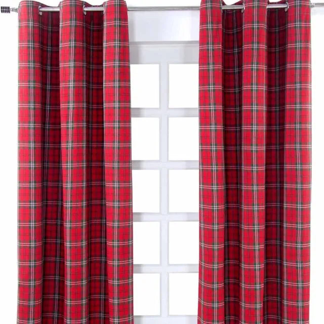 Homescapes Edward tartan ooggordijnen set van 2 100% katoen, 228 x 137 cm Rood/Wit