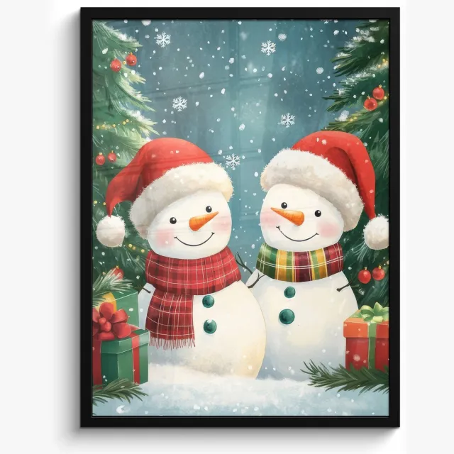 FrameYourWall Poster in lijst - Fotolijst 60x80 cm - Posters - Sneeuwpop - Kerstsneeuw - Groen - Rood - Posterlijst zwart - Decoratie - Wanddecoratie woonkamer - Muurdecoratie slaapkamer - Kerstversiering - Kerstdecoratie voor binnen - Kerstmis