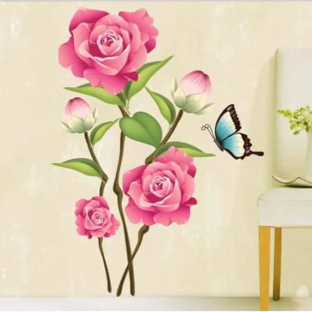 MooieMuurstickers Mooie Muursticker Prachtige Roze Rozen met Kleurrijke vlinders - Bloemen Muursticker