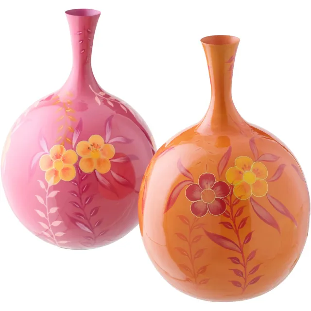 J-Line vaas Bloemen - metaal - roze/oranje - set van 2