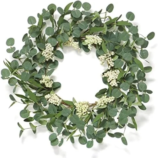 PromoHome Kunstmatige Eucalyptus Krans 55cm - Groene Bladeren Krans voor Voordeur, Muur, Venster, Veranda, Feestdecoratie Binnen en Buiten