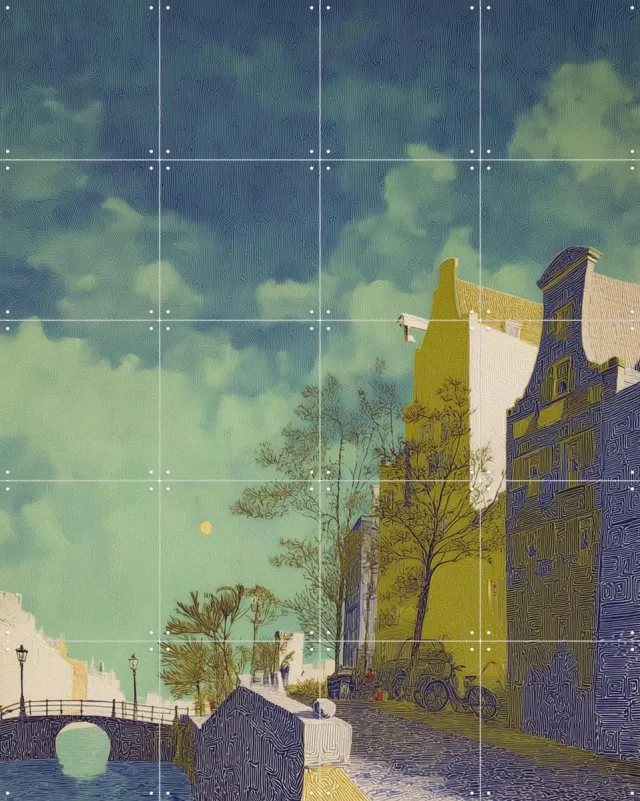 IXXI Amsterdam 5, Artclaud - 80 x 100 cm - Grote wanddecoratie en posters - Kleurrijk, Fantasierijk, Digitale Kunst, Illustraties, Modern, Pop art Blauw / Geel / Groen