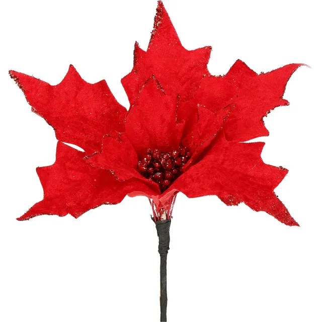 springos Kunstbloem - Rode Poinsettia - Rood - Glitters