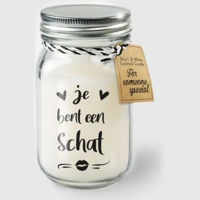 Zusenzow.com Kaars - Je bent een schat - Lichte vanille geur - In glazen pot - In cadeauverpakking met gekleurd lint zwart -wit