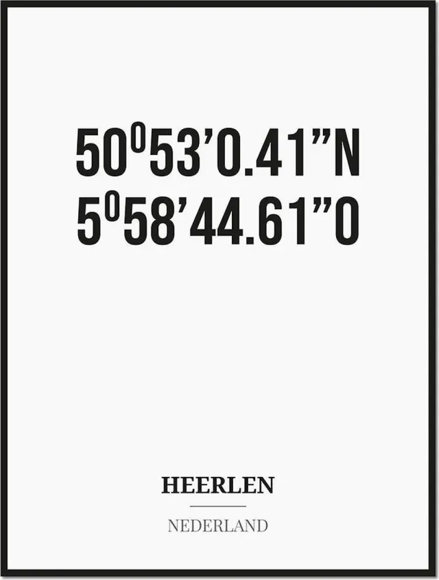 Studio216 Poster/kaart HEERLEN met coördinaten zwart, wit