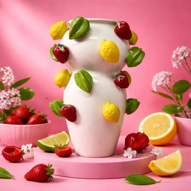 Vazenatelier Vaas Keramiek met fruit in vrolijke kleuren, citroen, aardbei en sterappel Crème