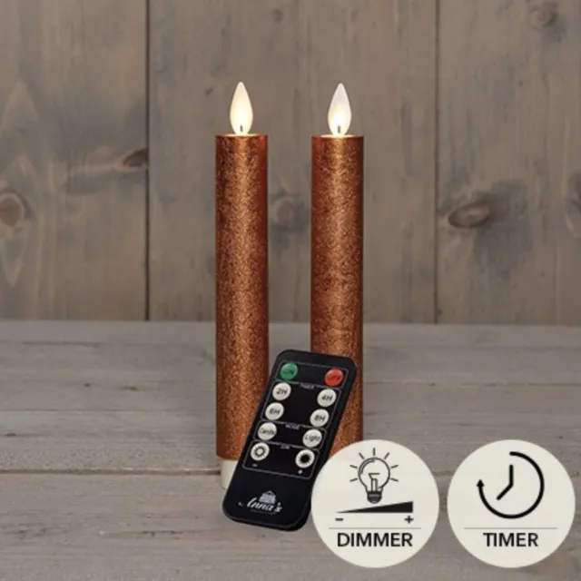 Char Collection LED kaarsen met bewegende vlam 2x - 18cm klein - Koper - Copper - Afstandsbediening - Timer - Dimmer - Dinerkaars rustiek wax - LED kaars batterij