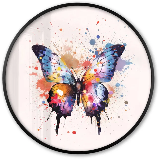 FrameYourWall Poster in lijst Rond - Fotolijst 80x80 cm - Posters - Vlinder - Roze - Verf - Kleurrijk - Ronde posterlijst zwart - Decoratie - Wanddecoratie woonkamer - Muurdecoratie slaapkamer Vlinder - Kleurrijk