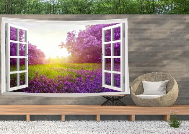 Ulticool Wandkleed 200x150 cm – Doorkijk Bloemen Lavendel Natuur Paars – Met Bevestigingspinnen - voor Binnen / Buiten - Tuinposter Wandtapijt voor Moeders Veelkleurig