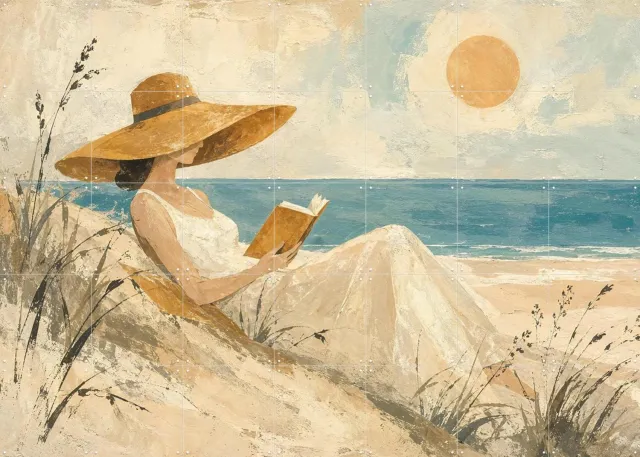 IXXI Boek Lezen In De Duinen Aan Zee, Natalie Bruns - 140 x 100 cm - Grote wanddecoratie en posters - Realisme, Schilderijen, Slaapkamer, Strandhuis Blauw / Beige